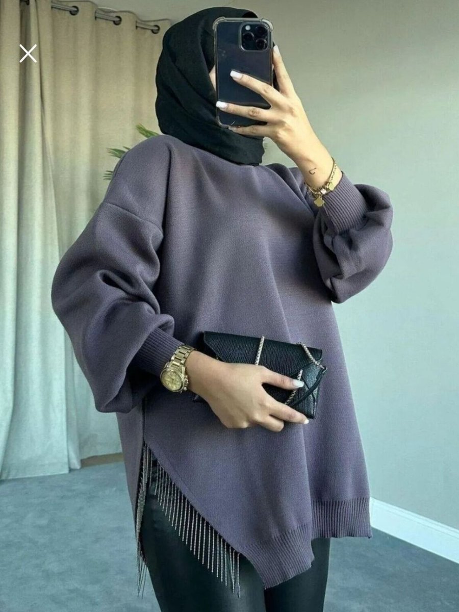 SFG Life Moda Mor Bisiklet Yaka Yırtmaç Taşlı Balon Kollu Oversize Triko Tunik