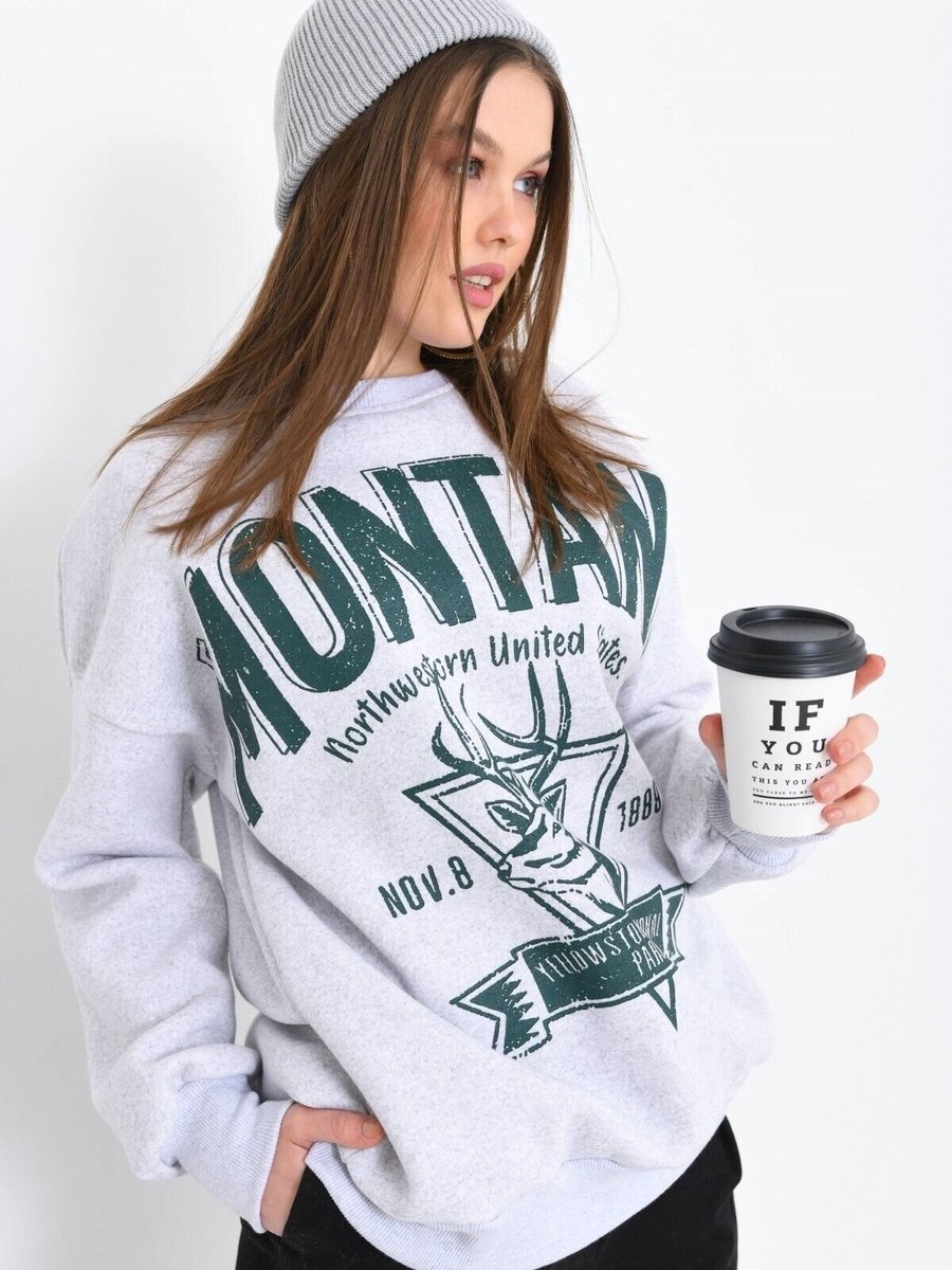 VOLT CLOTHİNG Gri Montana Baskılı 3iplik Sweatshirt