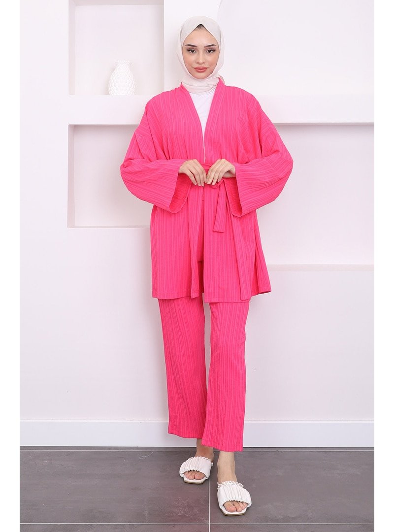 İmaj Butik Fuşya Bel Kuşaklı Pantolon Kimono Takım