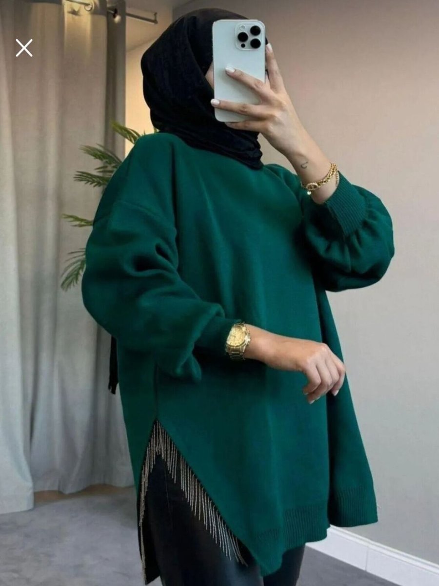 SFG Life Moda Yeşil Bisiklet Yaka Yırtmaç Taşlı Balon Kollu Oversize Triko Tunik