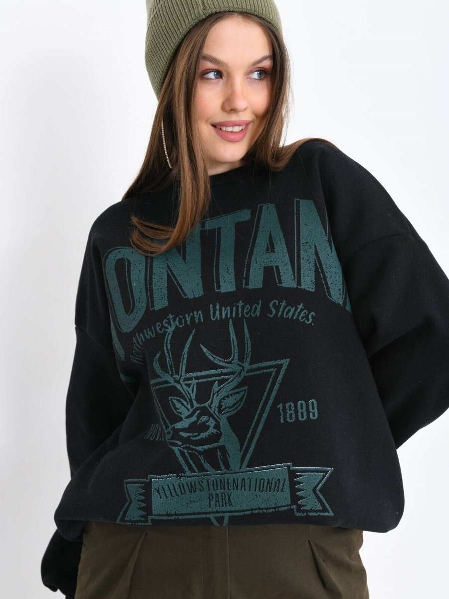 VOLT CLOTHİNG Siyah Montana Baskılı 3iplik Sweatshirt