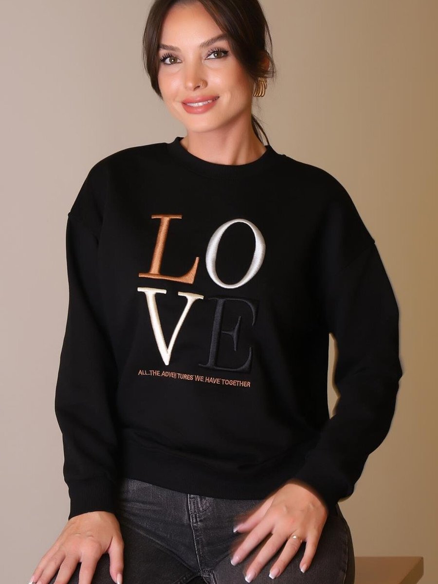 Mint Siyah Love Baskılı Sweatshirt