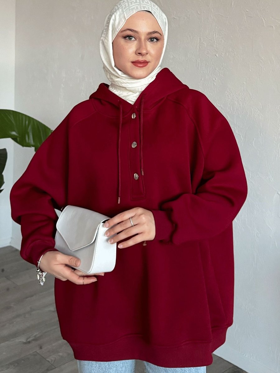 Instyle Çıtçıt Yaka Kapüşonlu Bordo Sweat